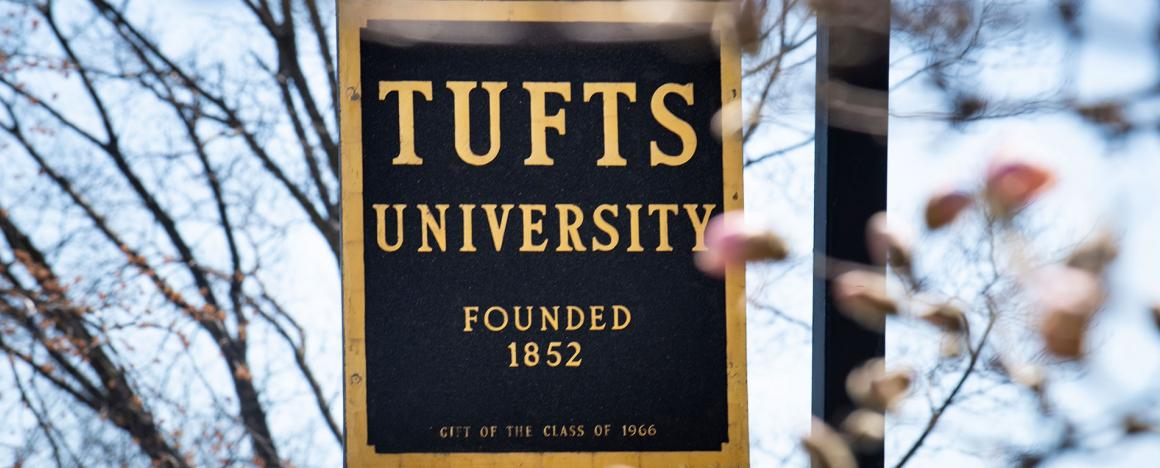 Tufts University sign, in the midst of spring flower blossoms