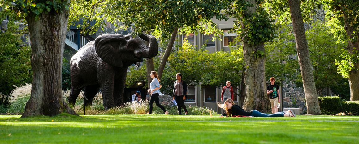 09/21/2015 - Medford/Somerville, Mass. - A view of the new Jumbo statue on the Academic Quad  with students walking to and from class photographed on September 16, 2015. (Alonso Nichols/Tufts University)